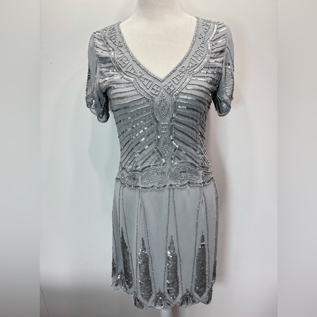 Cocktail Party Dress Silver Beaded Sequined Short Sleeve V Neck By Lace & Beads