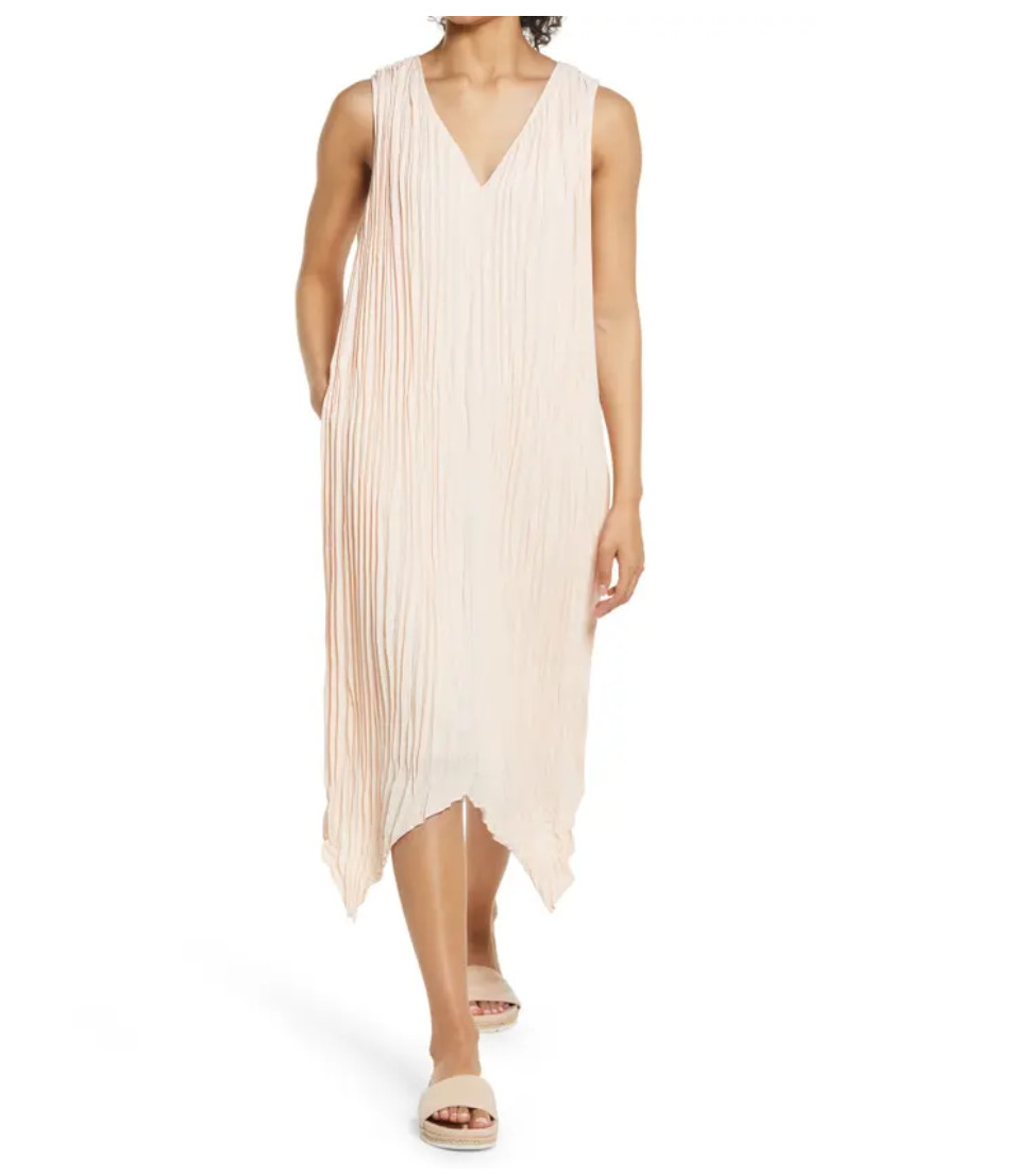 Nordstrom Dress Pleated Sleeveless Midi Dress Beige Sz S NEW NWT N101