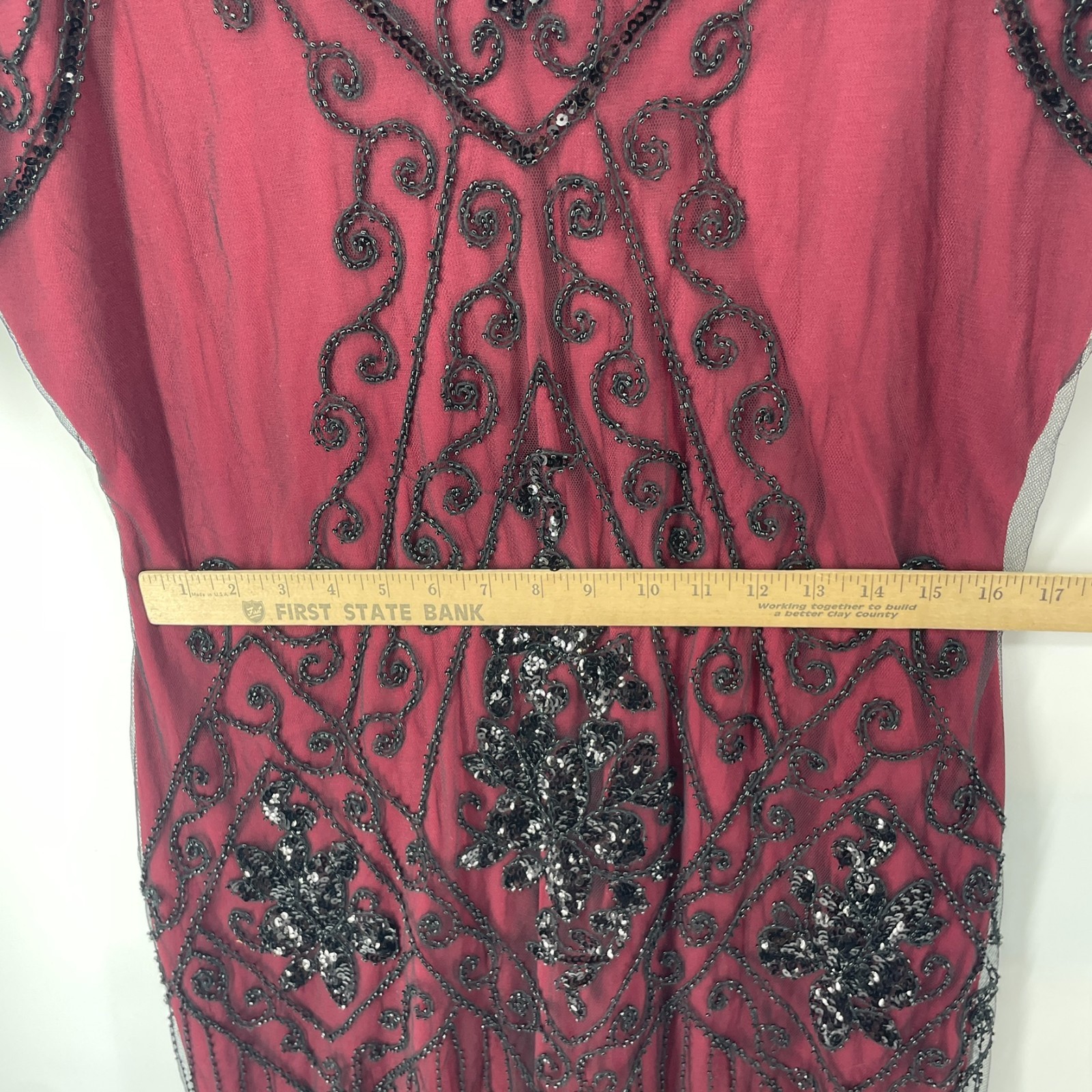 Women Flapper Fringed Beaded Burgundy Dress Plus 3X Costume Gatsby Roaring 20’s