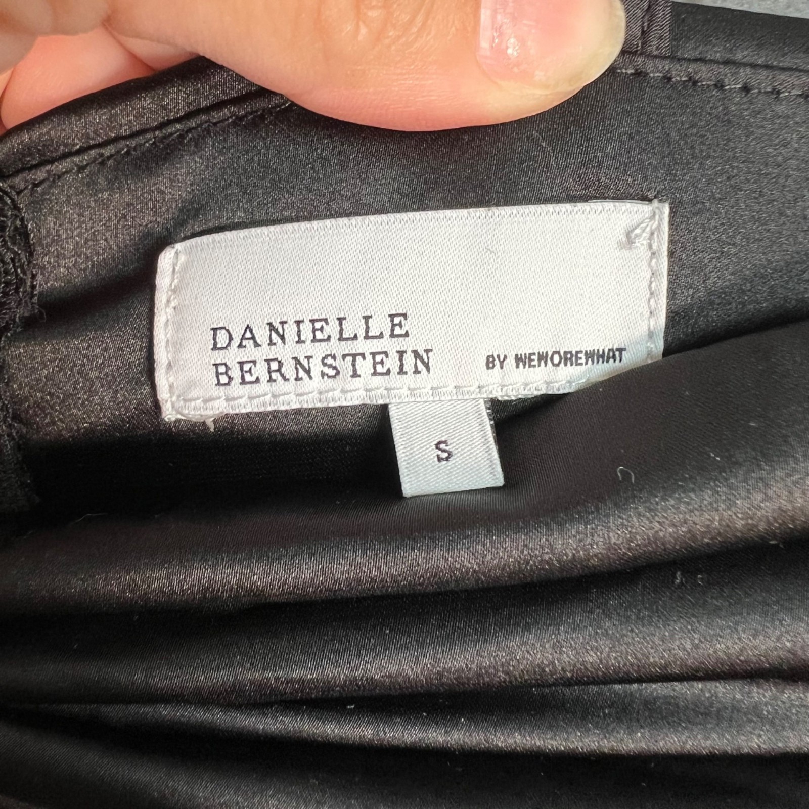 Danielle Bernstein Black Off-Shoulder Satin Midi Dress Size Small