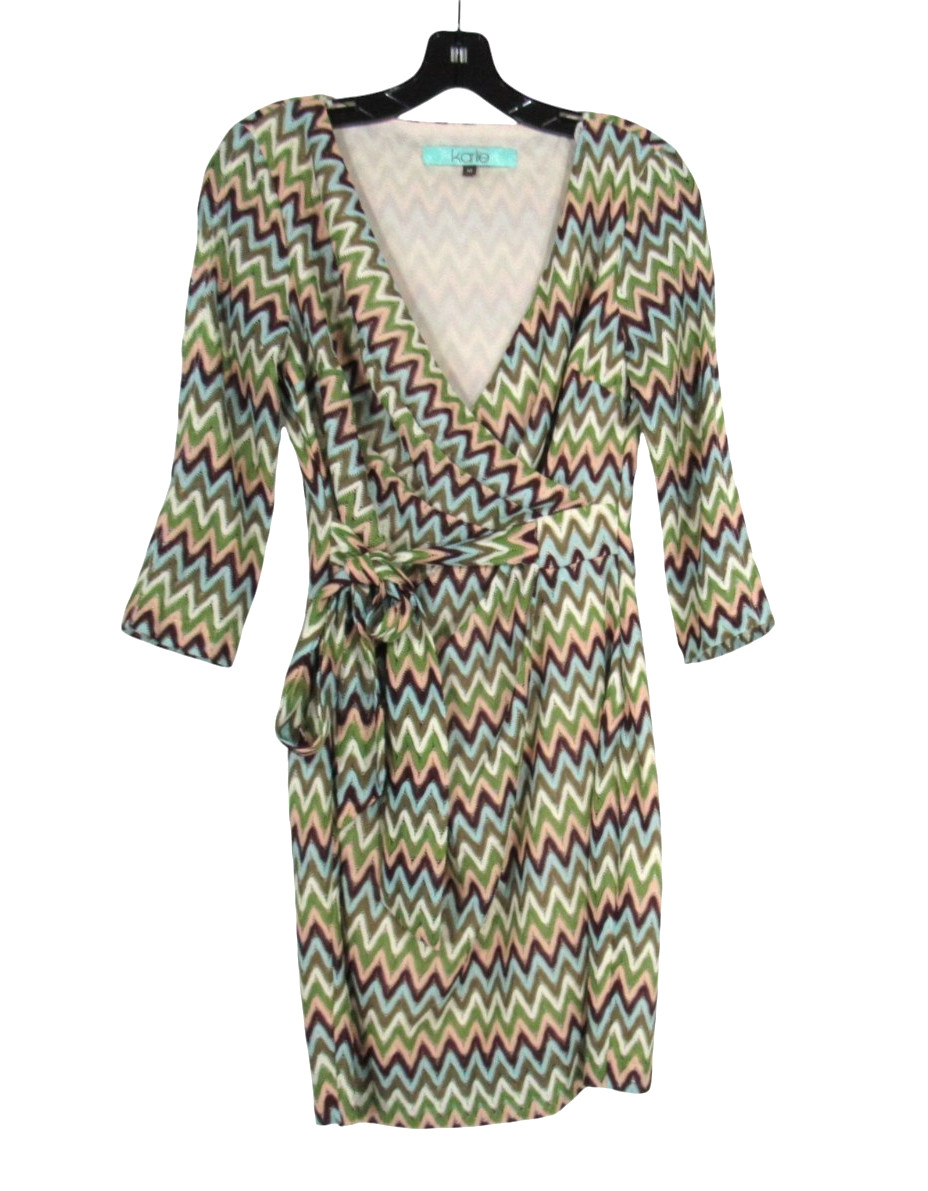 KARLIE Lined CROCHET Green/Brown/Teal CHEVRON Deep V-Neck FAUX WRAP DRESS Sz M