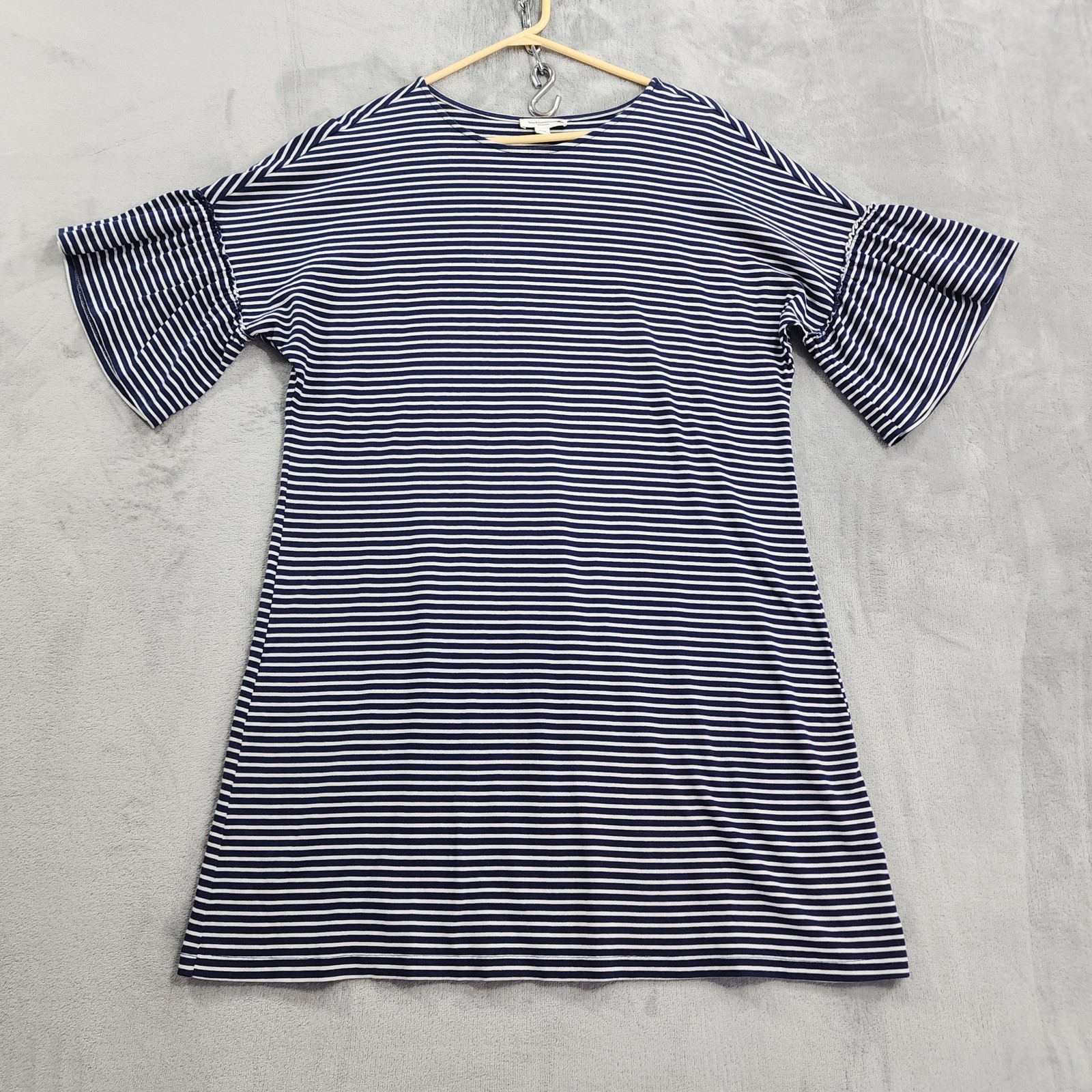 Beach Lunch Lounge Dress Womens L Blue Striped Short Ruffled Bell Sleeve Casual