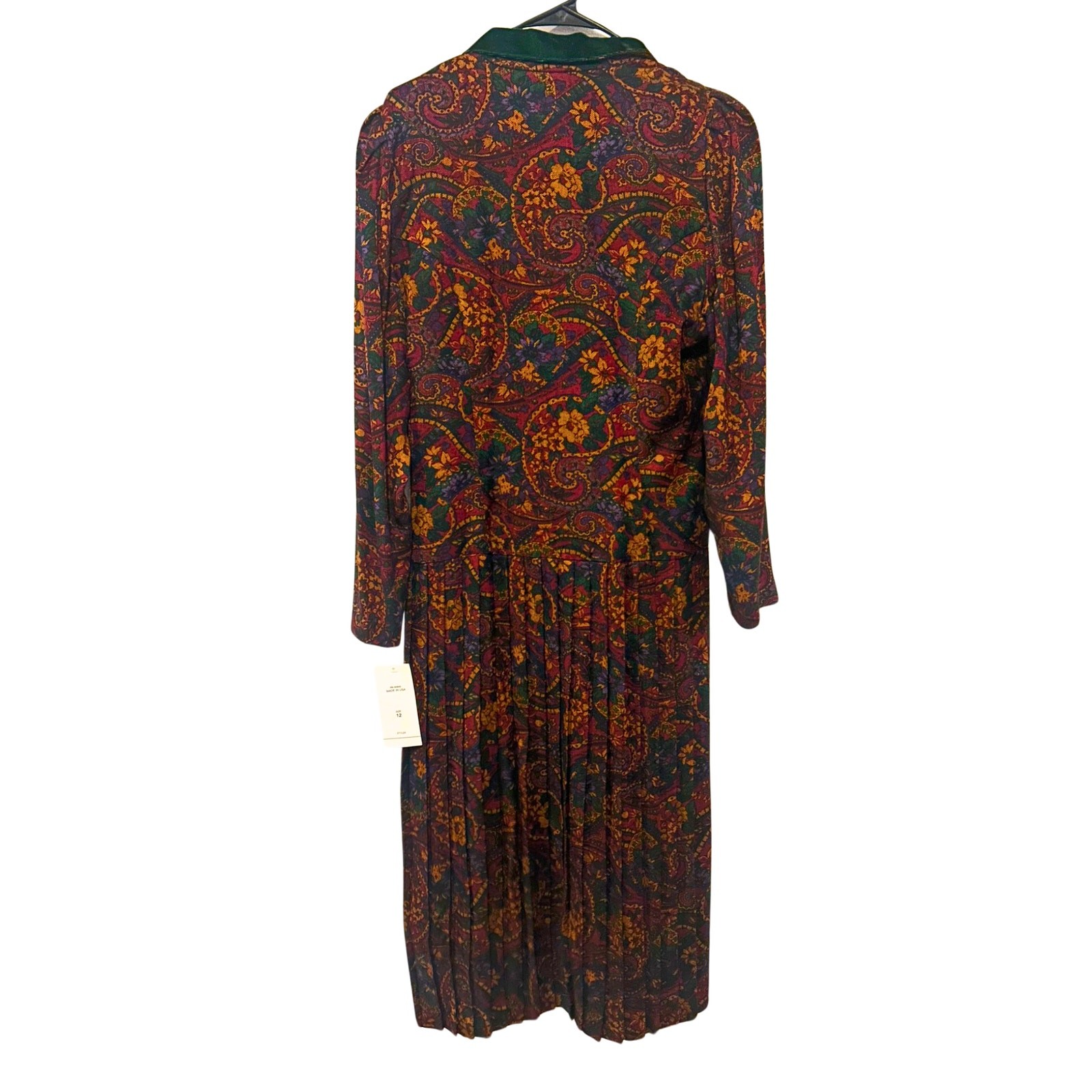 Vintage KC Spencer NWT Paisley Pleated Maxi Dress 12 USA Velvet Trim Rayon