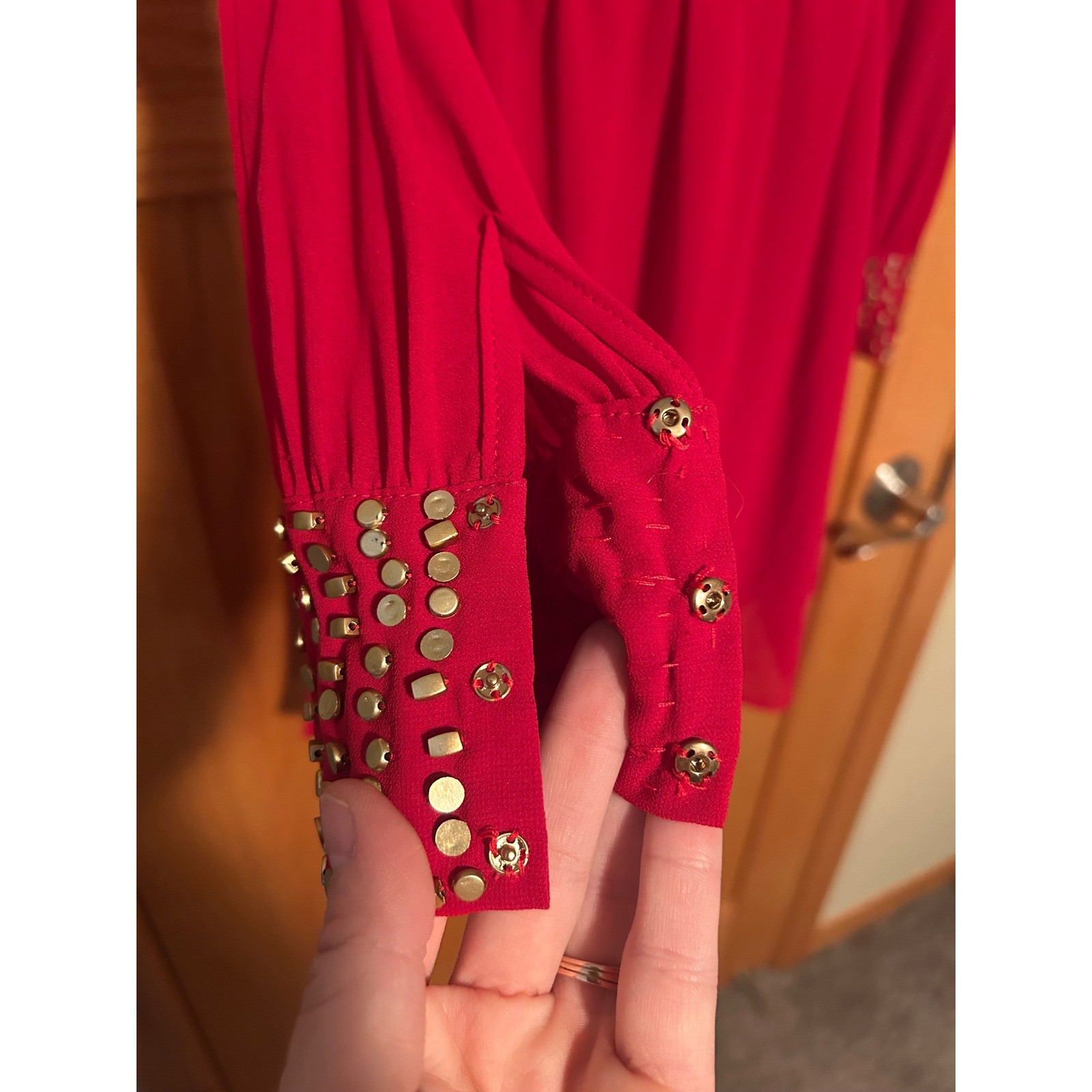 Red Plunging Deep V-Neck Studded Cuff Mini Dress Chiffon Long Sleeve Size Large