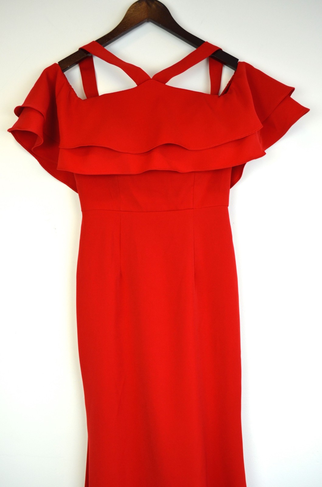 JARLO Red Ruffle Drape Overlay Halter Cold Shoulder Stretch Maxi Gown 2 = XS NEW