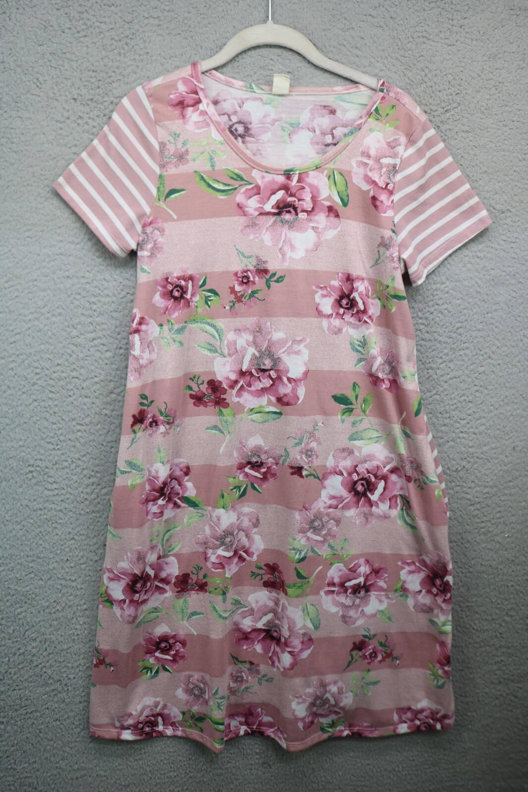 7th Ray Short Sleeve Striped Floral Dress-Pockets-Size Medium-Cottagecore