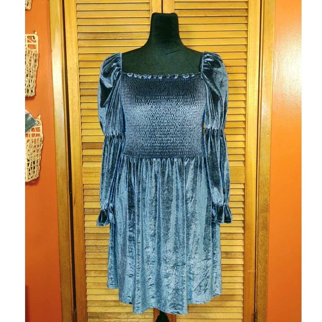 Velvet Milkmaid Smocked Square Neck Peasant Puff Sleeve Mini Dress – Blue XL