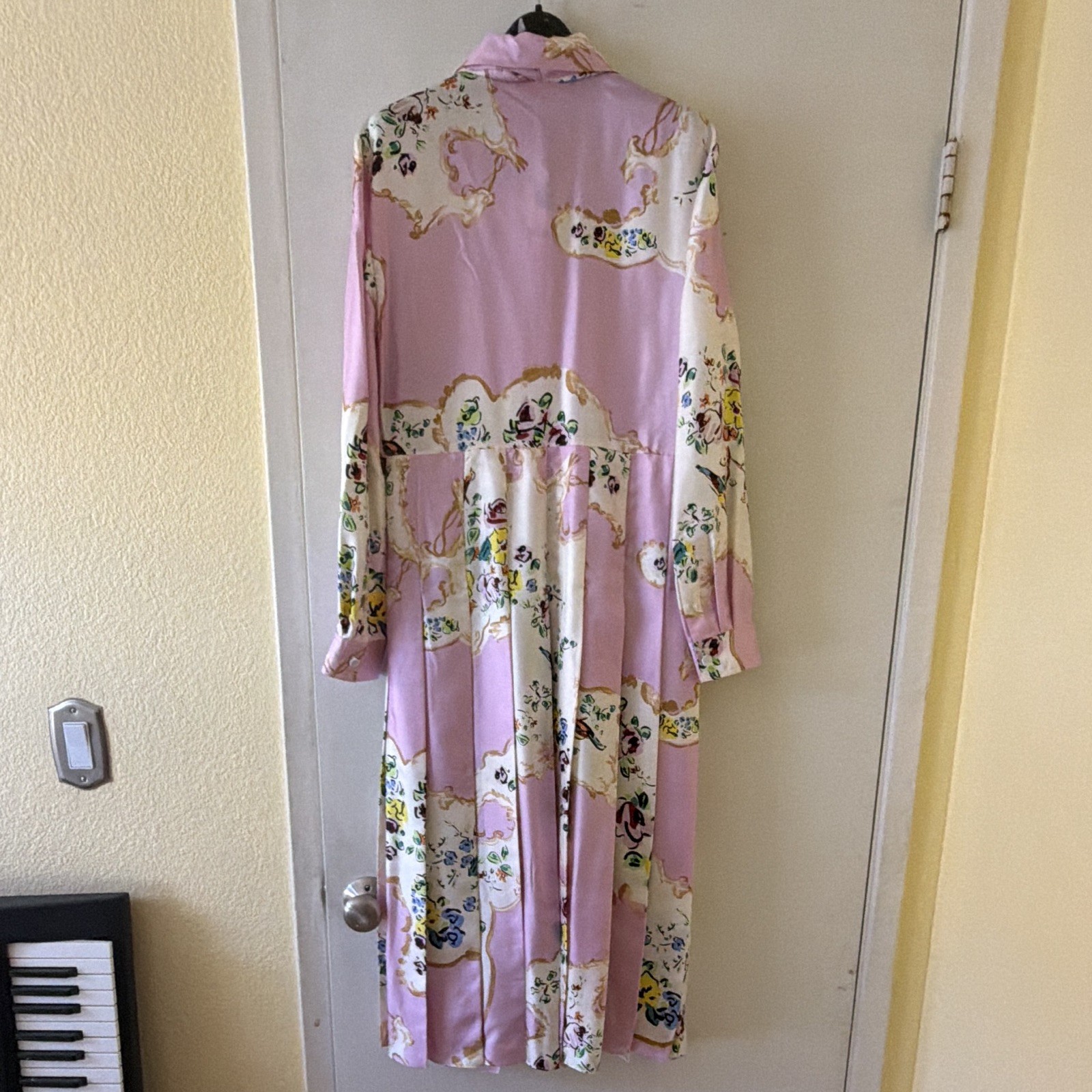 Tory Burch Pink Floral Bow Silk Midi Dress Long Sleeve