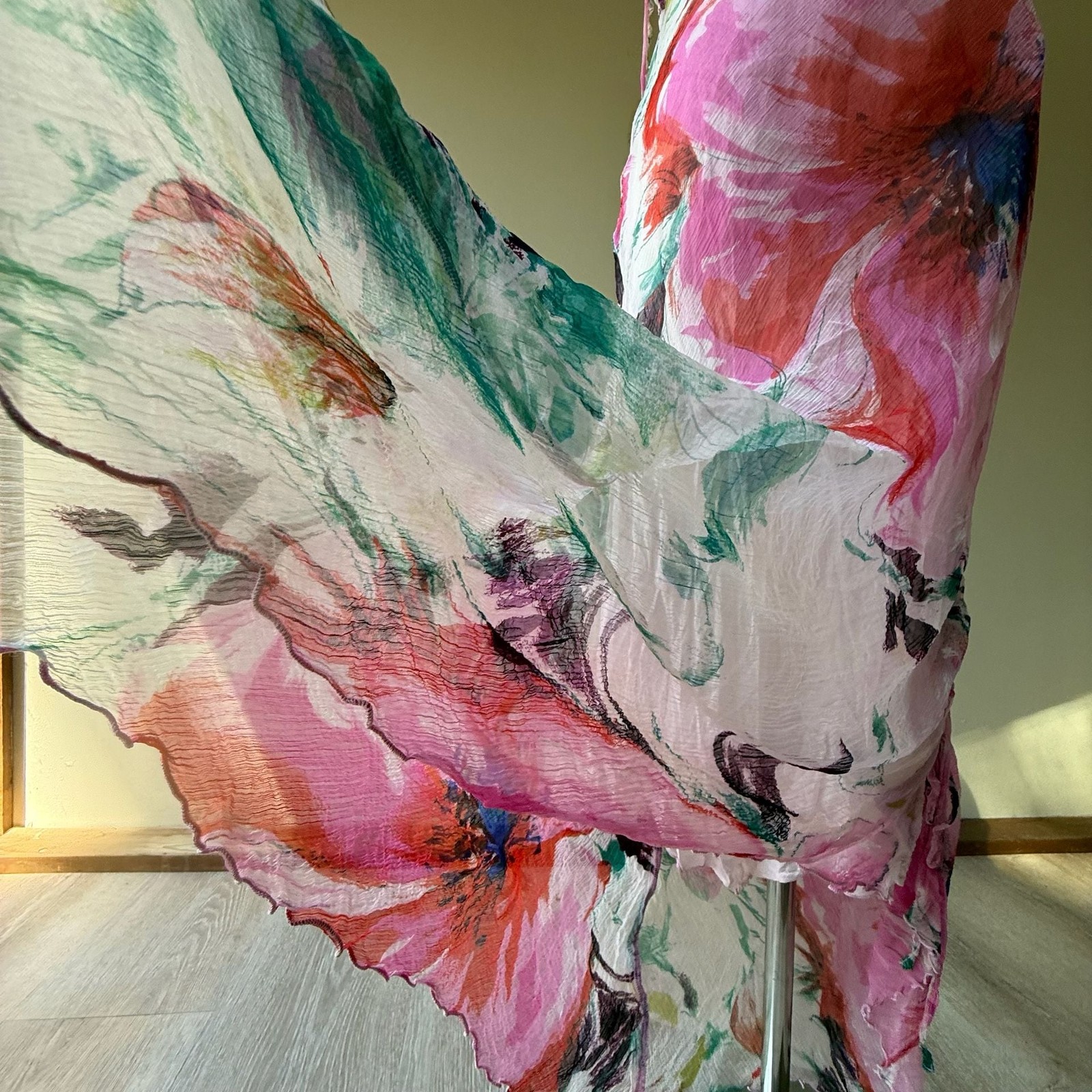 Floral Watercolor Silk Print Chiffon Maxi Slip Dress