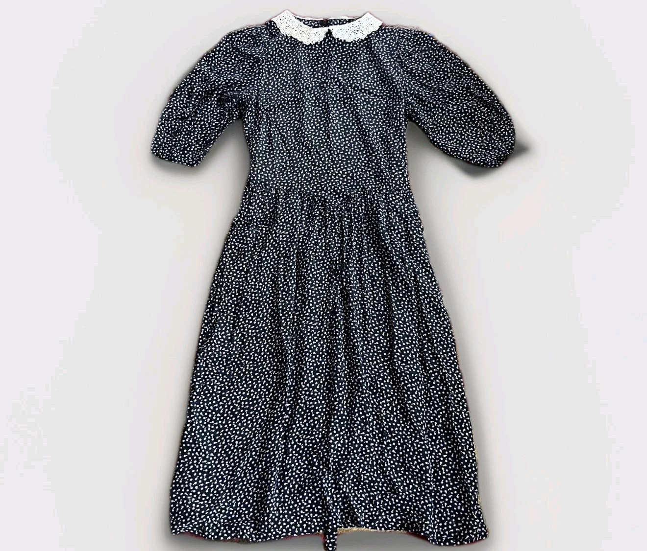 Vintage Karin Stevens Dress Womens 8 Blue Floral Puff Sleeve Lace Collar 80s