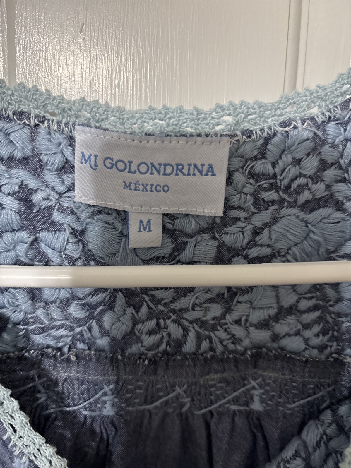 Mi Golondrina Blue Embroidered Chambray Mini Dress Medium SEE Pics