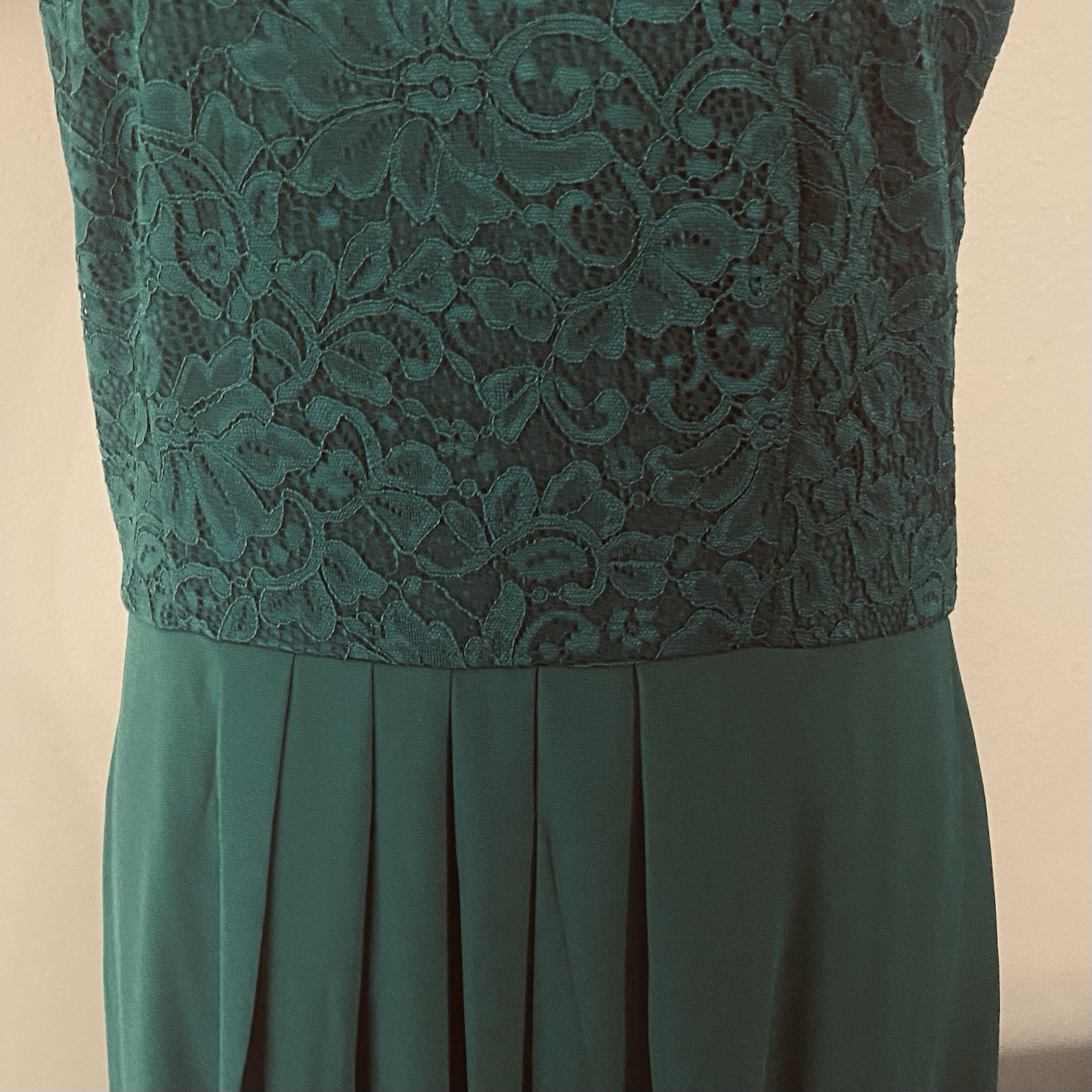 NWT Miusol Dark Green Sz L Evening Gown Lace Bodice Crepe Skirt Sleeveless Lined