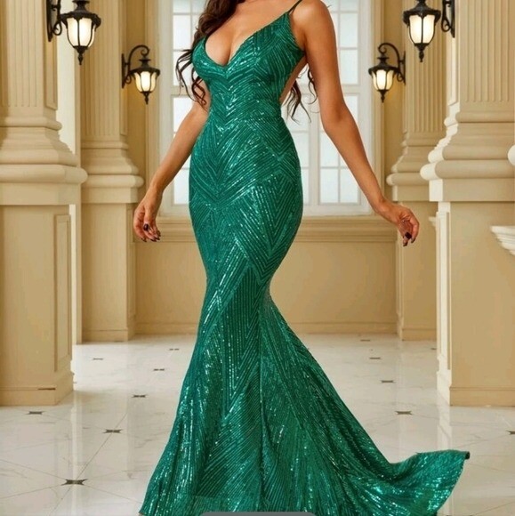 Cadet Blue Random Print Contrast Sequined Mermaid Maxi Gown for Special …