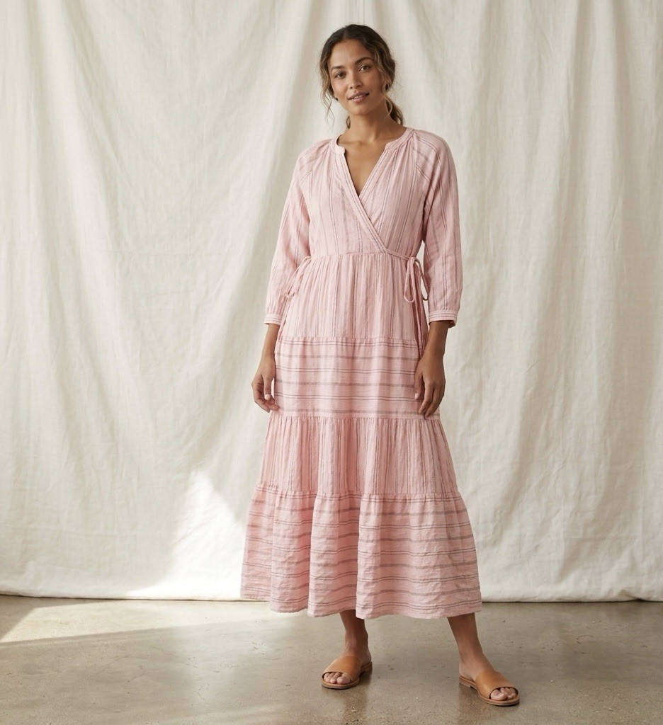 REVOLVE x XIRENA BECKETT MULTI-STRIPED PINK SHIMMER LAYNA MIDI DRESS SMALL