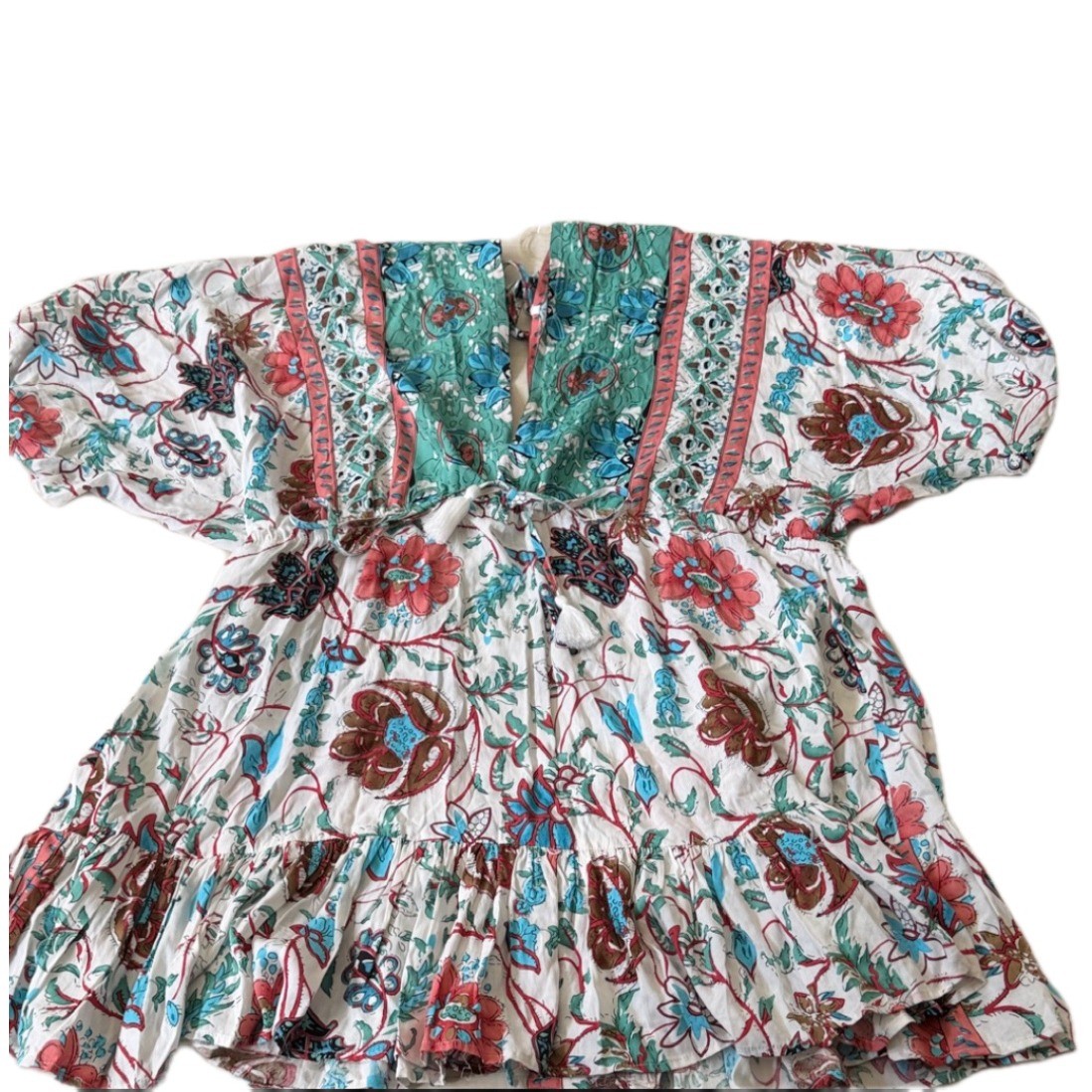 Boutique Boho Floral Babydoll Dress Tassel Tie V-Neck Ruffle Hem Puff Sleeve