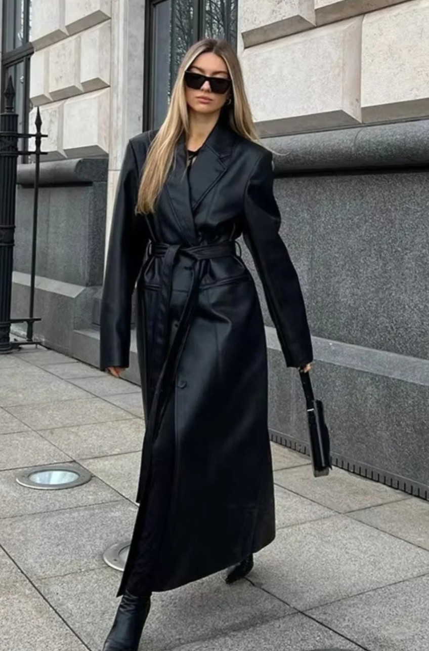 Hot Sexy Women Black Long Leather Dress Glamour Queen Party Wear