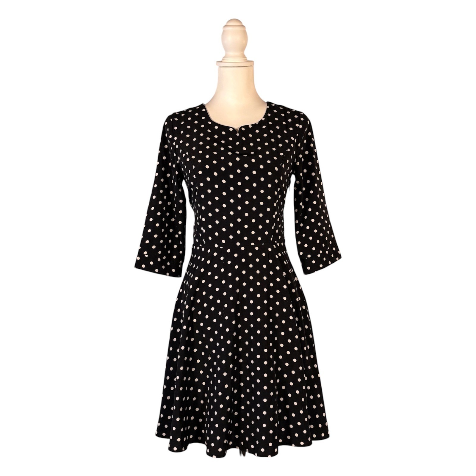 Yumi Polka Dot Dress Women’s 2/4 Black White 3/4 Sleeve Classic Pin Up A-Line