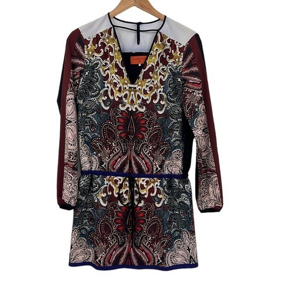 Clover Canyon Dress Womens XS Red Blue Printed Bubble Sleeve Mini V Neck