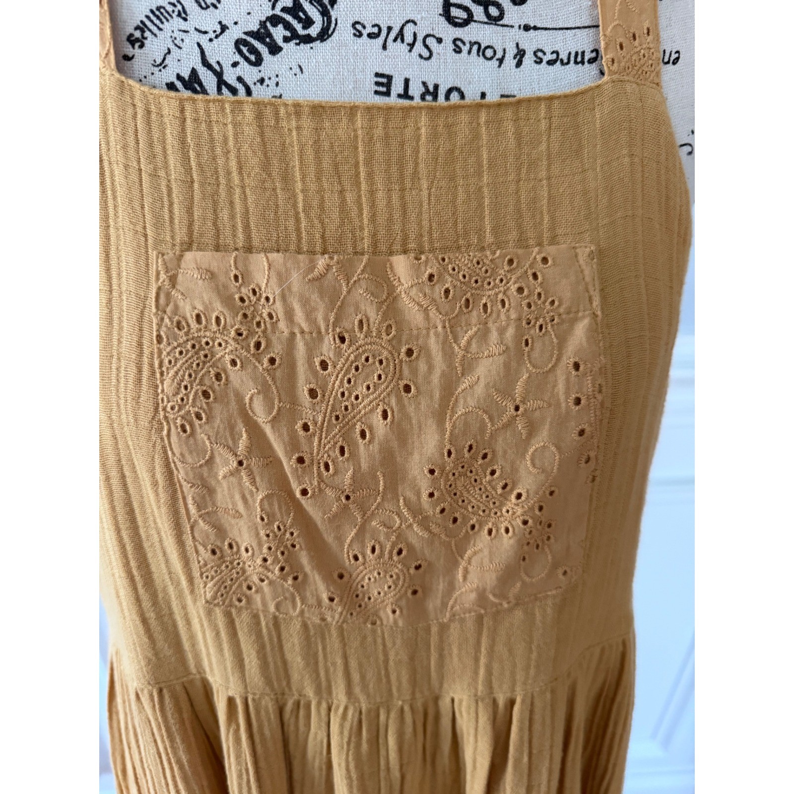 Cleo + Wolf Gold Textured Eyelet Bib Maxi Dress Boho Western Small