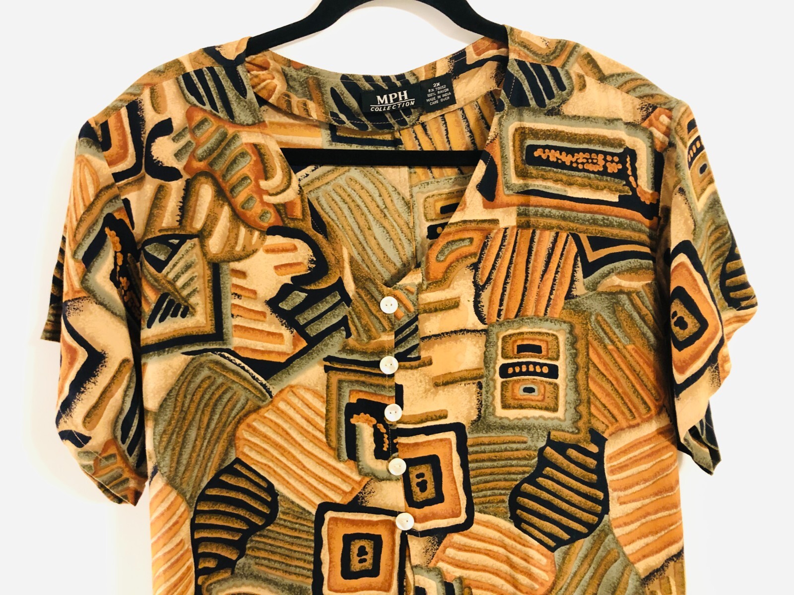 vtg 80s MPH Tribal Aztec Shift Maxi Dress Sz 2X Rayon Short Sleeve