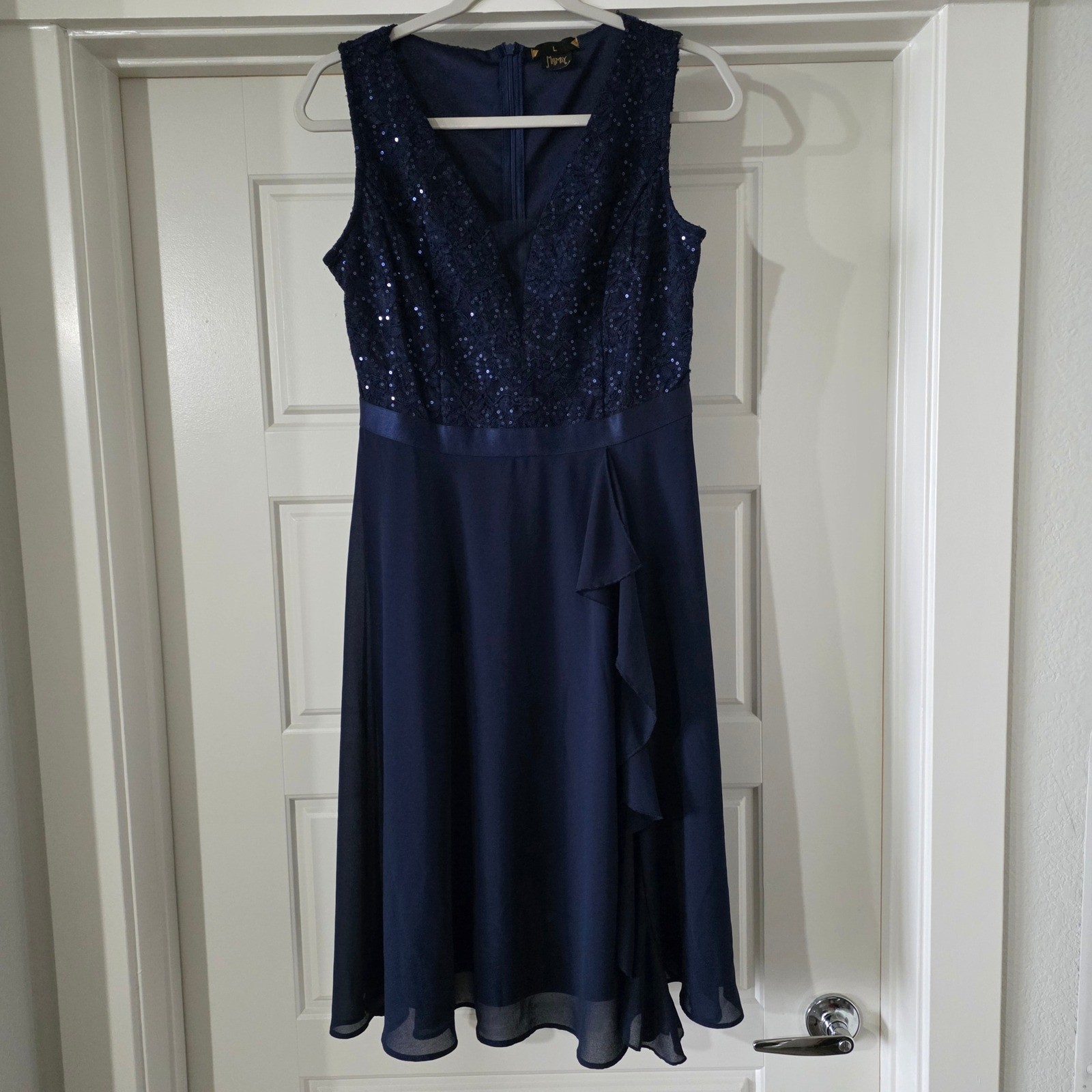 Missmay Womens Navy Blue Sequin Lace V-Neck Ruffle Cocktail Dress L
