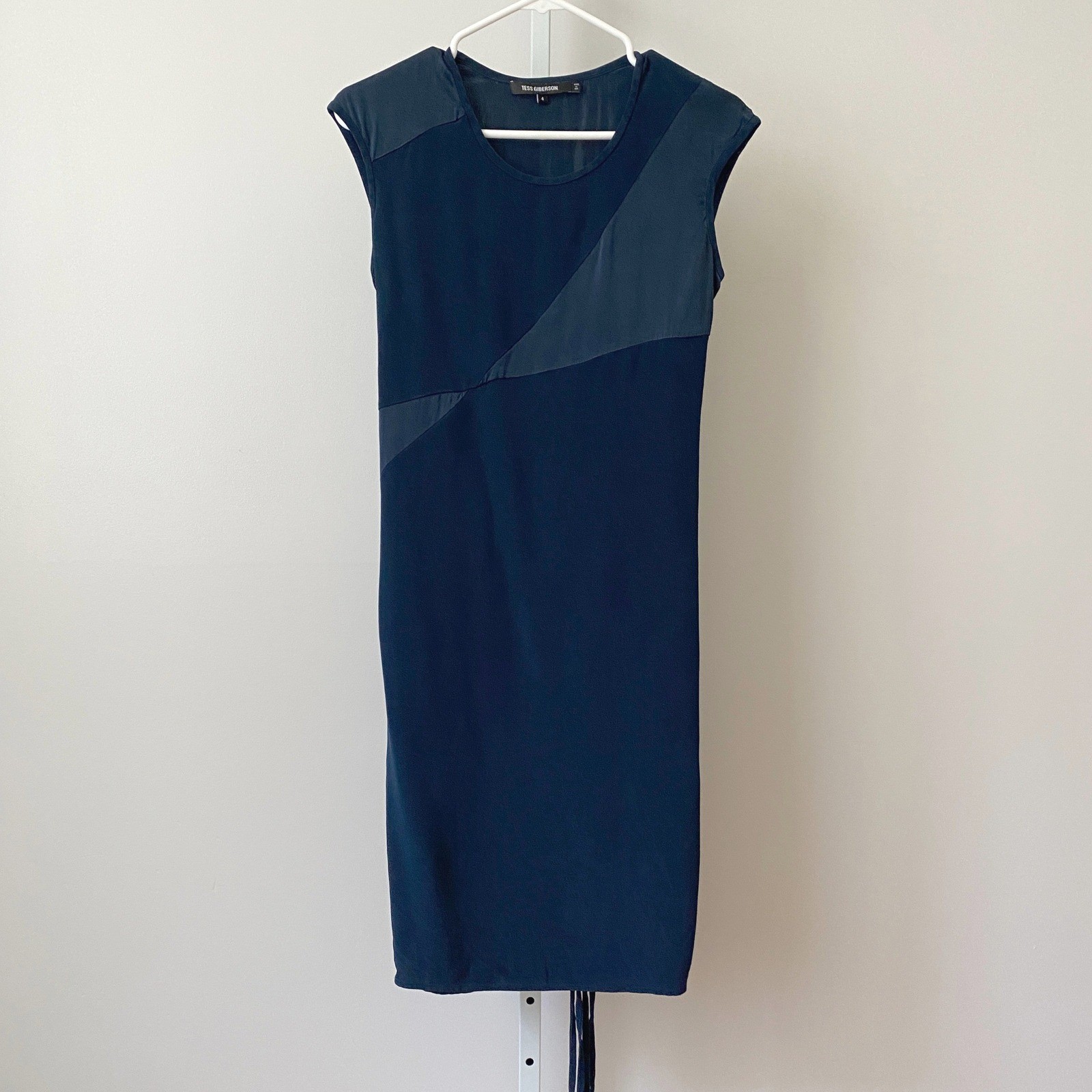 Tess Giberson 100% Silk Office Siren Minimalist Colorblock Sheath Dress 4 Blue