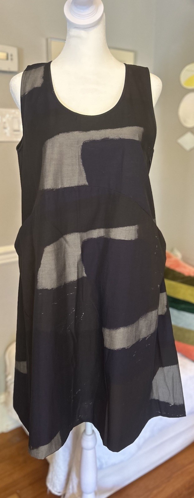 Lilith France Dress Short Trapeze Swing Sleeveless Black Blue Gray Pockets S/38