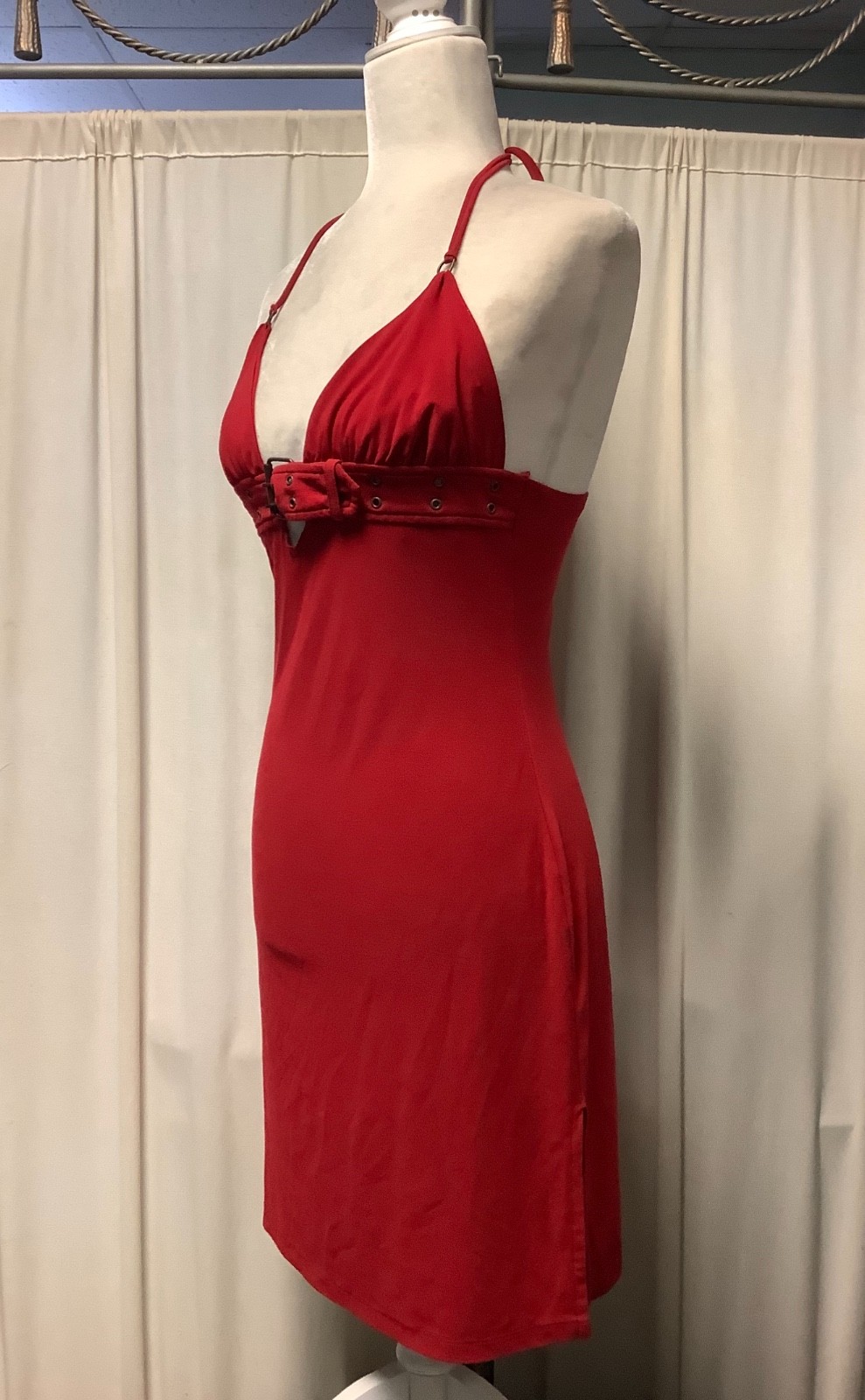 Unyx polyester side slits buckle high waist double spaghetti strap halter dress