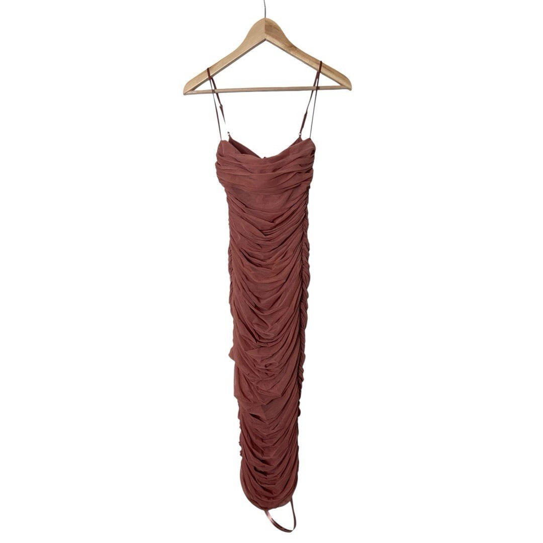 NWT House of CB Sirene Cameo Brown Organza Mesh Ruched Midi Dress Bodycon XS