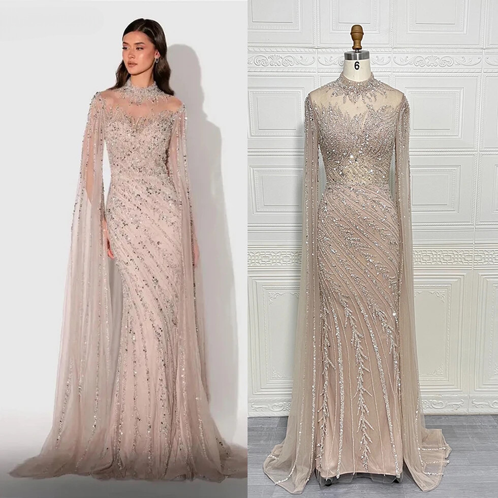 Luxury Beaded Mermaid Evening Dress with High Collar Crystal Lacce Wedding Gown