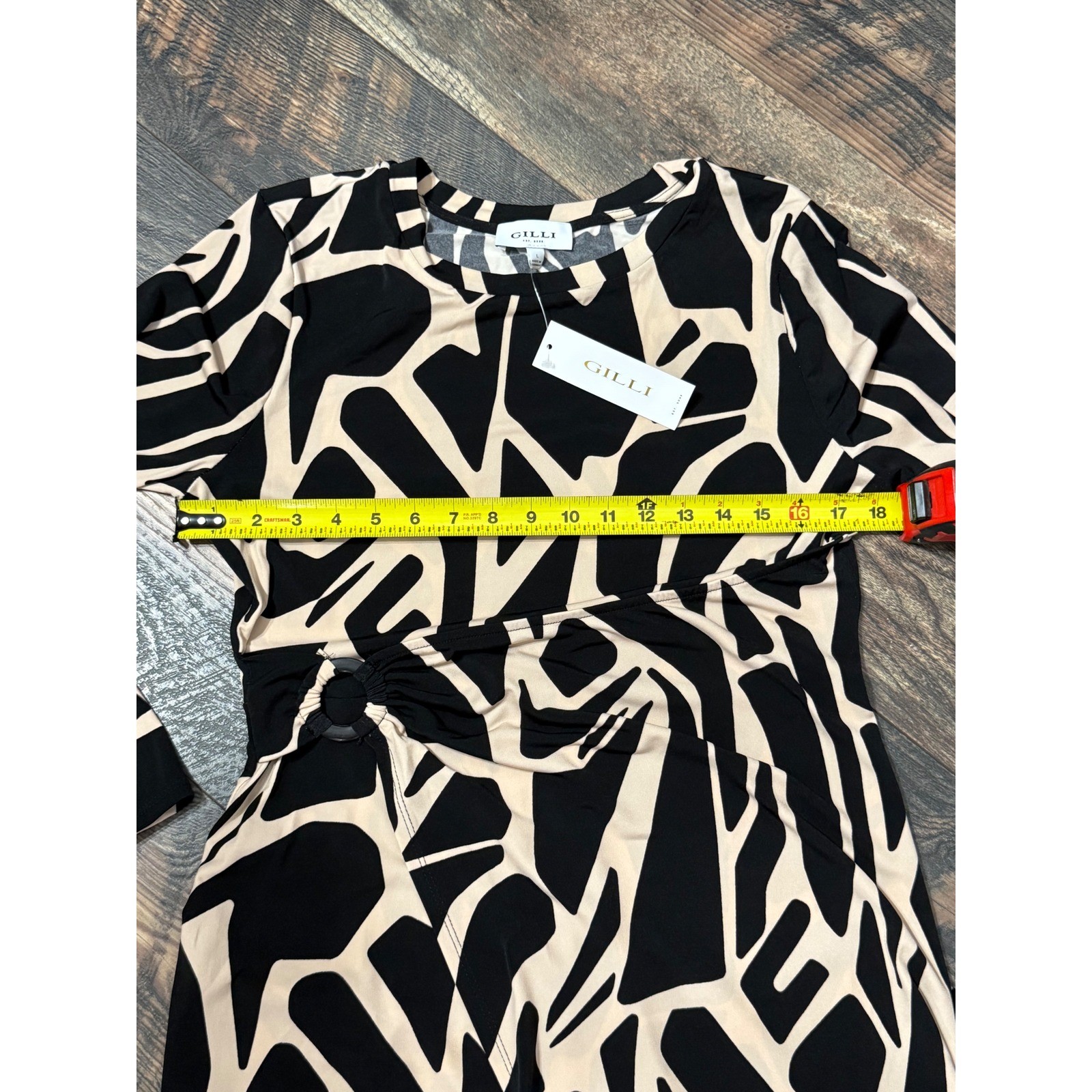 Gilli Women Long Sleeve Abstract Geometric Midi Dress Black Tan O-Ring Ruched L