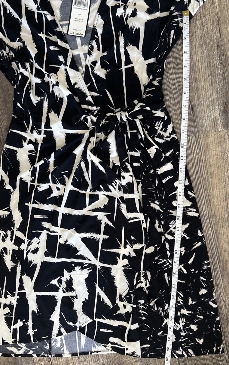 BCBGMAXAZRIA Small Adele Black Comb Printed Jersey Stretch Wrap Dress MSRP $198