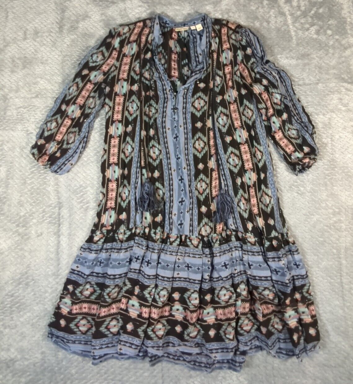 Holding Horses Anthropology Women’s Southwest Print Dress Ruffle Tassles XS Blue