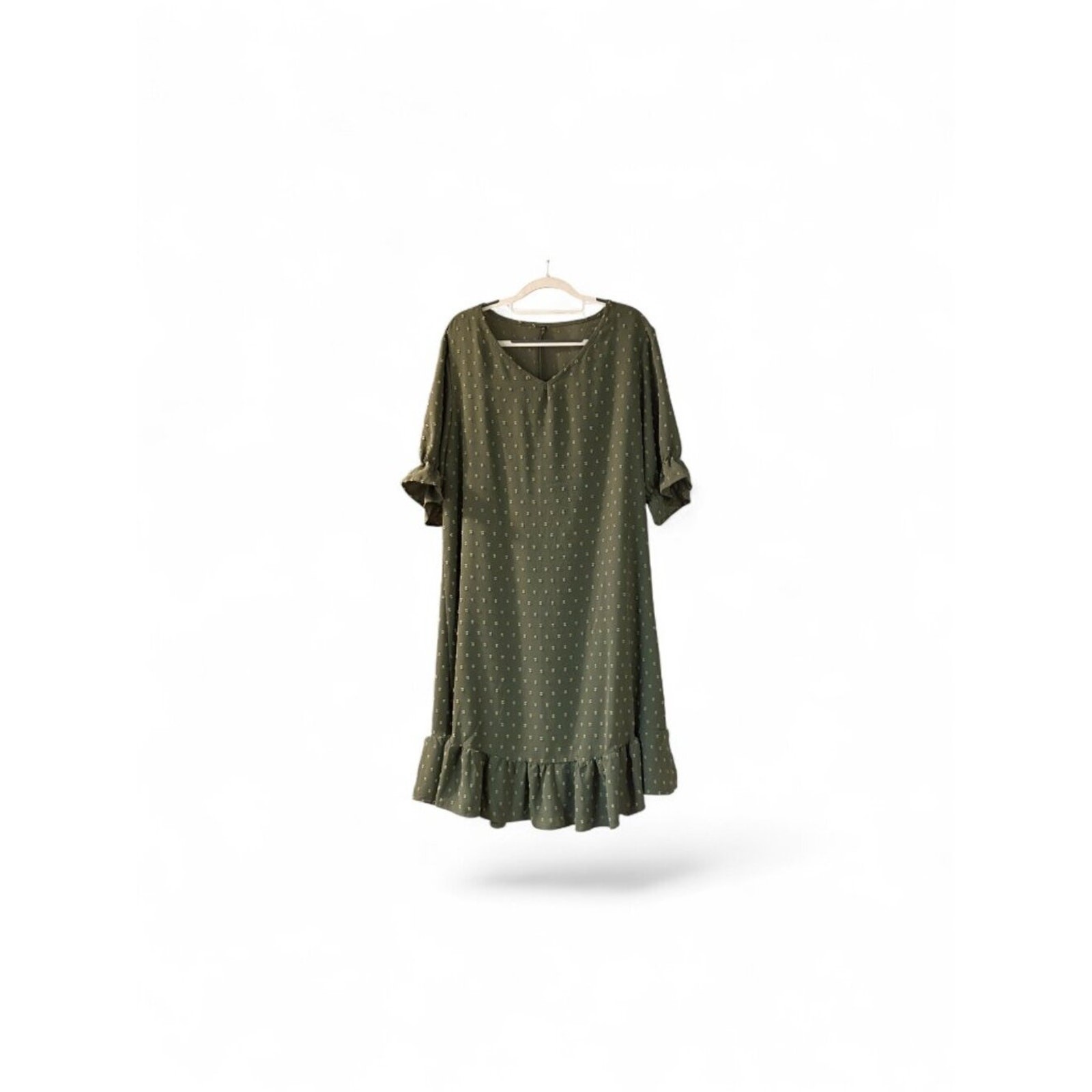 Olive Taupe Swiss Dot Babydoll Dress 1XL Puff Sleeve Cottagecore Midi
