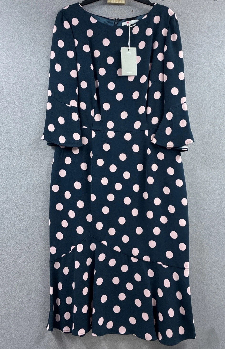 Boden Women’s 3/4 Ruffle Sleeve Boatneck Polka Dot Dress Navy/Pink US 8 NWT