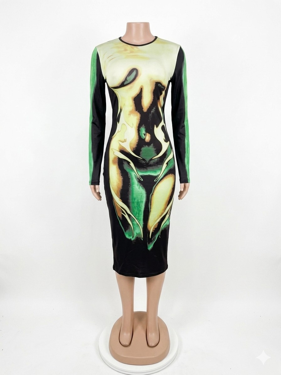 Multicolor Graphic Print Bodycon Midi Dress Long Sleeve Round Neck