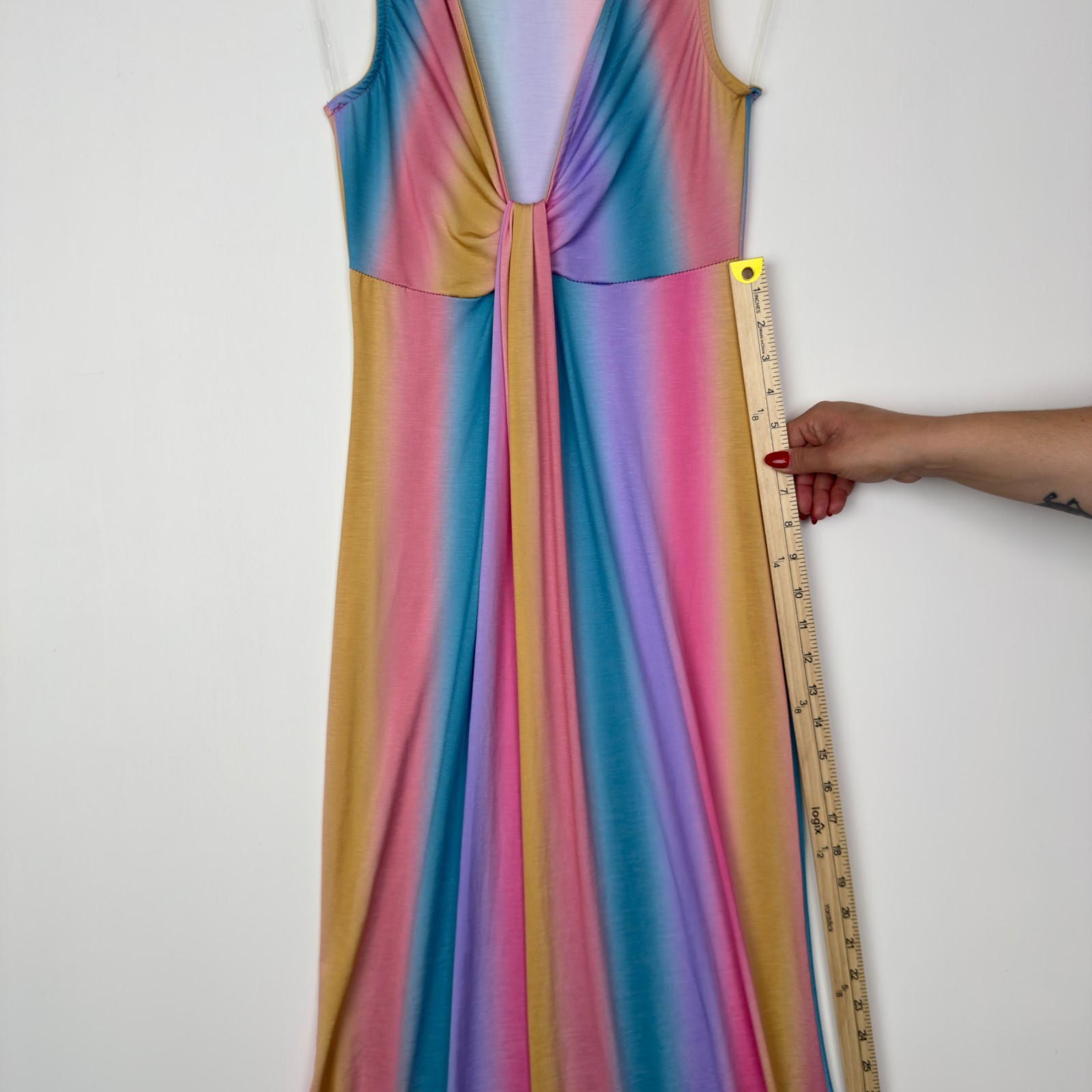 Maia Rainbow Ombre Maxi Dress S Sleeveless Deep V-Neck USA Made Polyester Blend