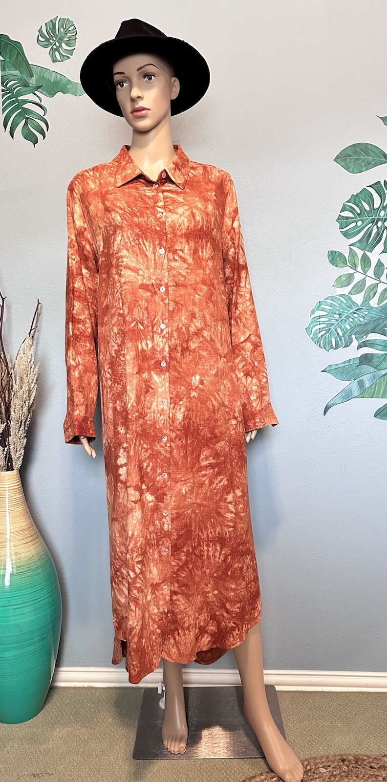 Soft Surroundings Burnt Orange Linen Blend Shirt Midi Tunic Dress Size L_NWOT