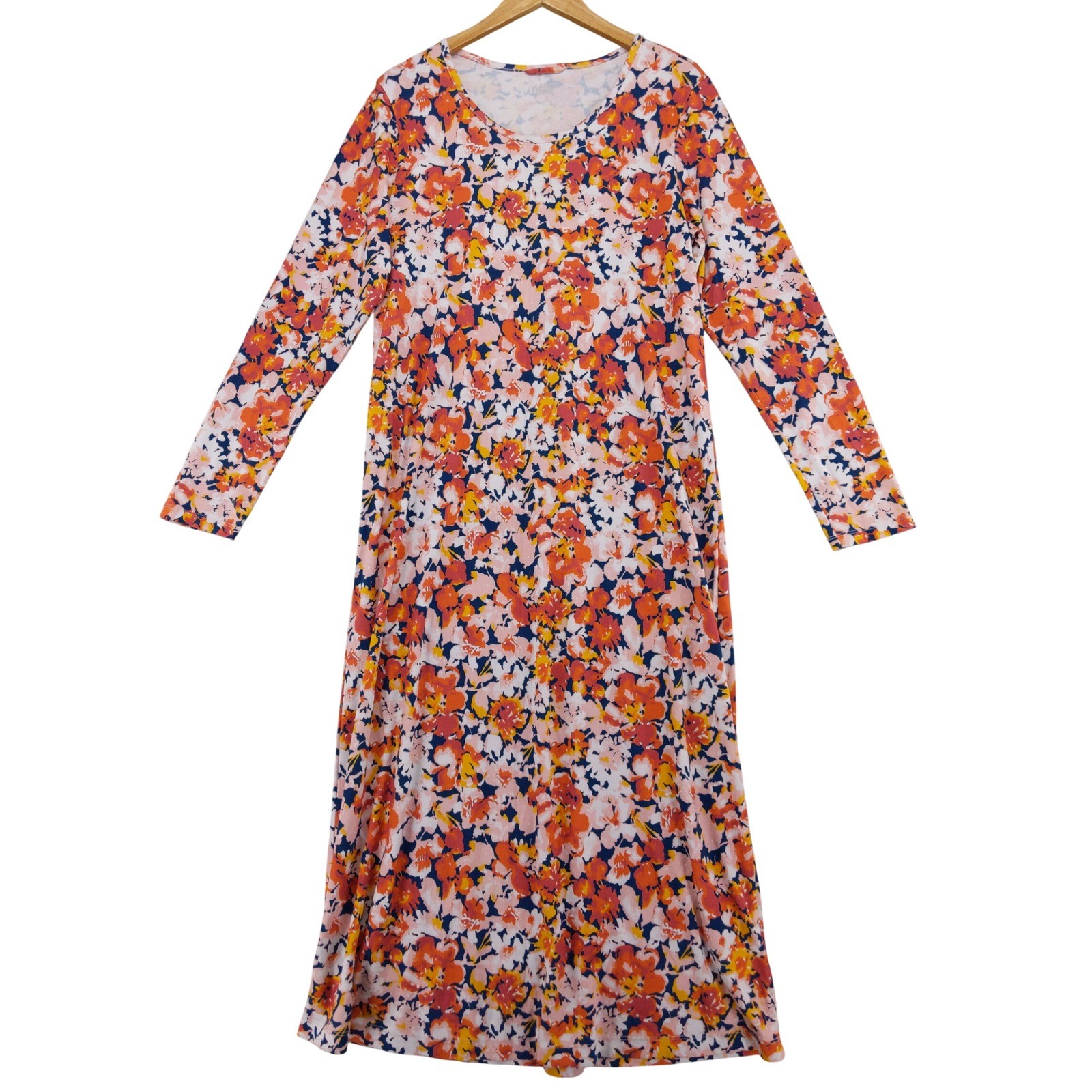 Lands End Maxi Dress Womens L Orange Floral Long Sleeve Cotton Jersey