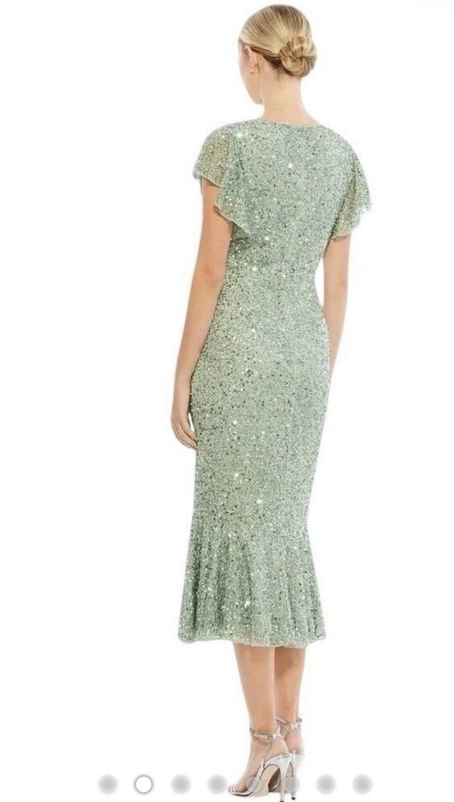 Mac Duggal 2 Green Sequin Mesh A-Line Midi Dress V-Neck Flutter Sleeve Zip