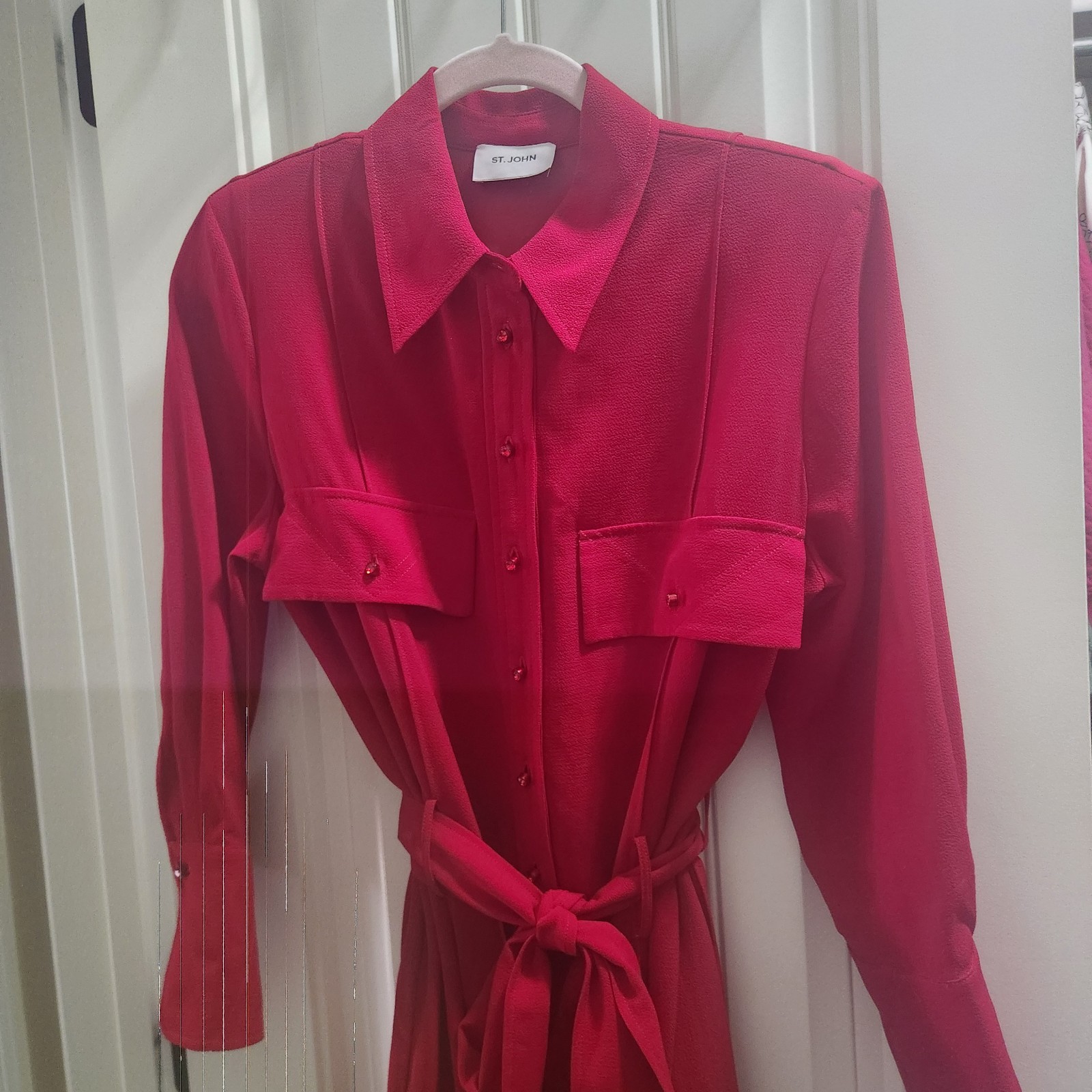 St. John Red Sz S Crepe Belted Collared Button Front Long Sleeve Maxi Dress