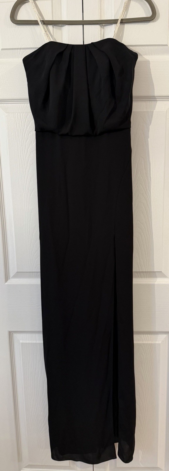 $425 Halston Heritage Strapless Drape Back Flowy Gown Bustier Slit Black 0