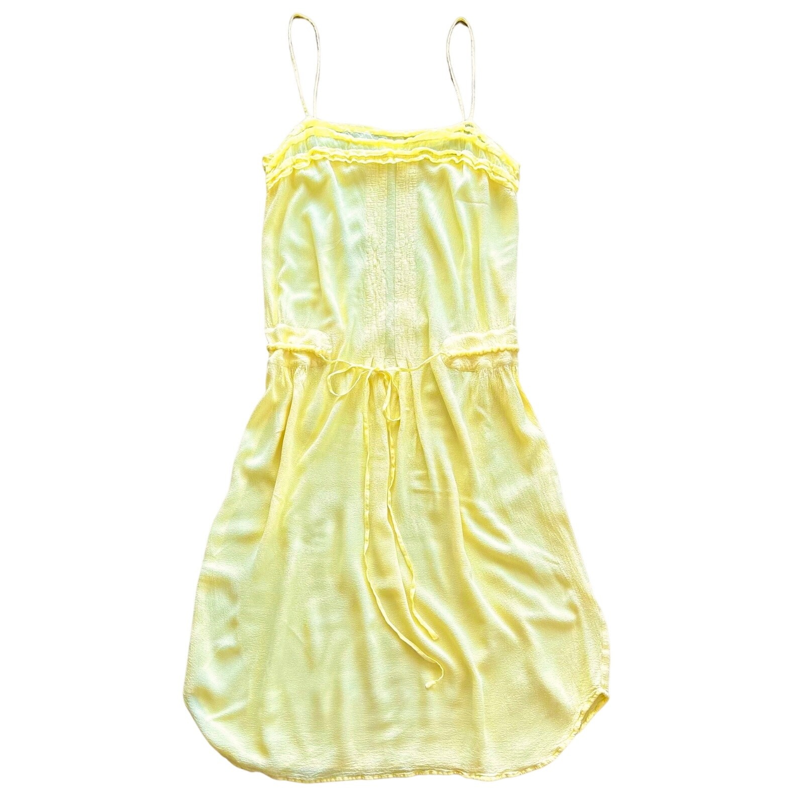 Ghost London Pale Yellow Slip Dress Size Small Ruffle Drawstring Waist Midi