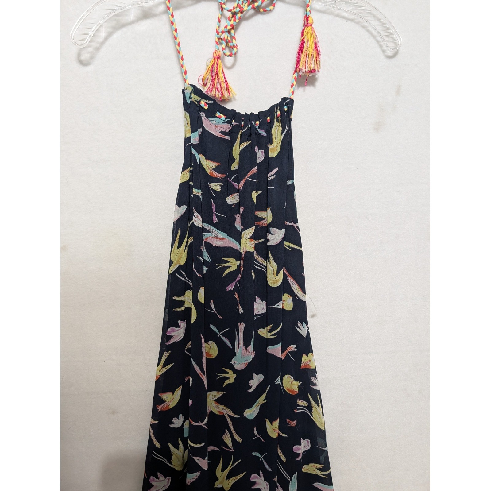 Chelsea & Violet Womens Bird Print Halter Maxi Dress Navy Blue Boho Tassel Small