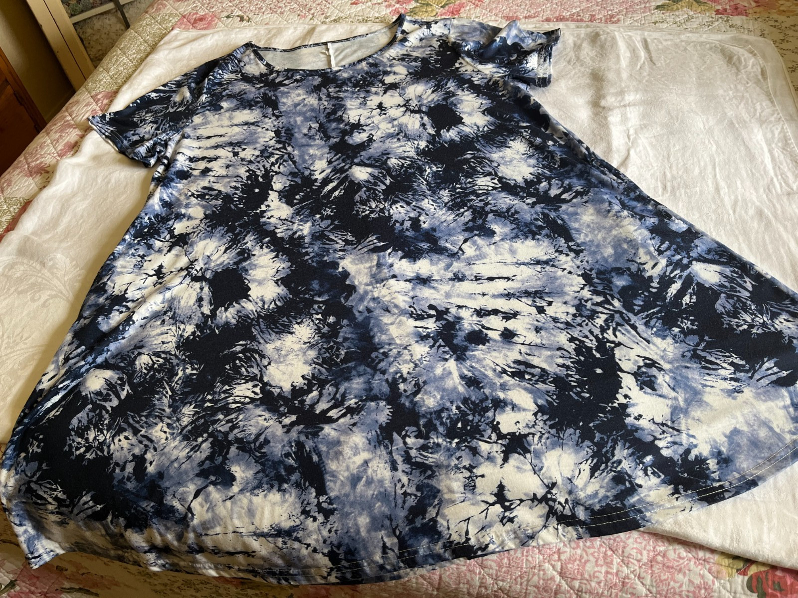 Blue & White 3XL Tie Dye Look Cotton Blend Knit Round Neck SS A-Line Dress Nice