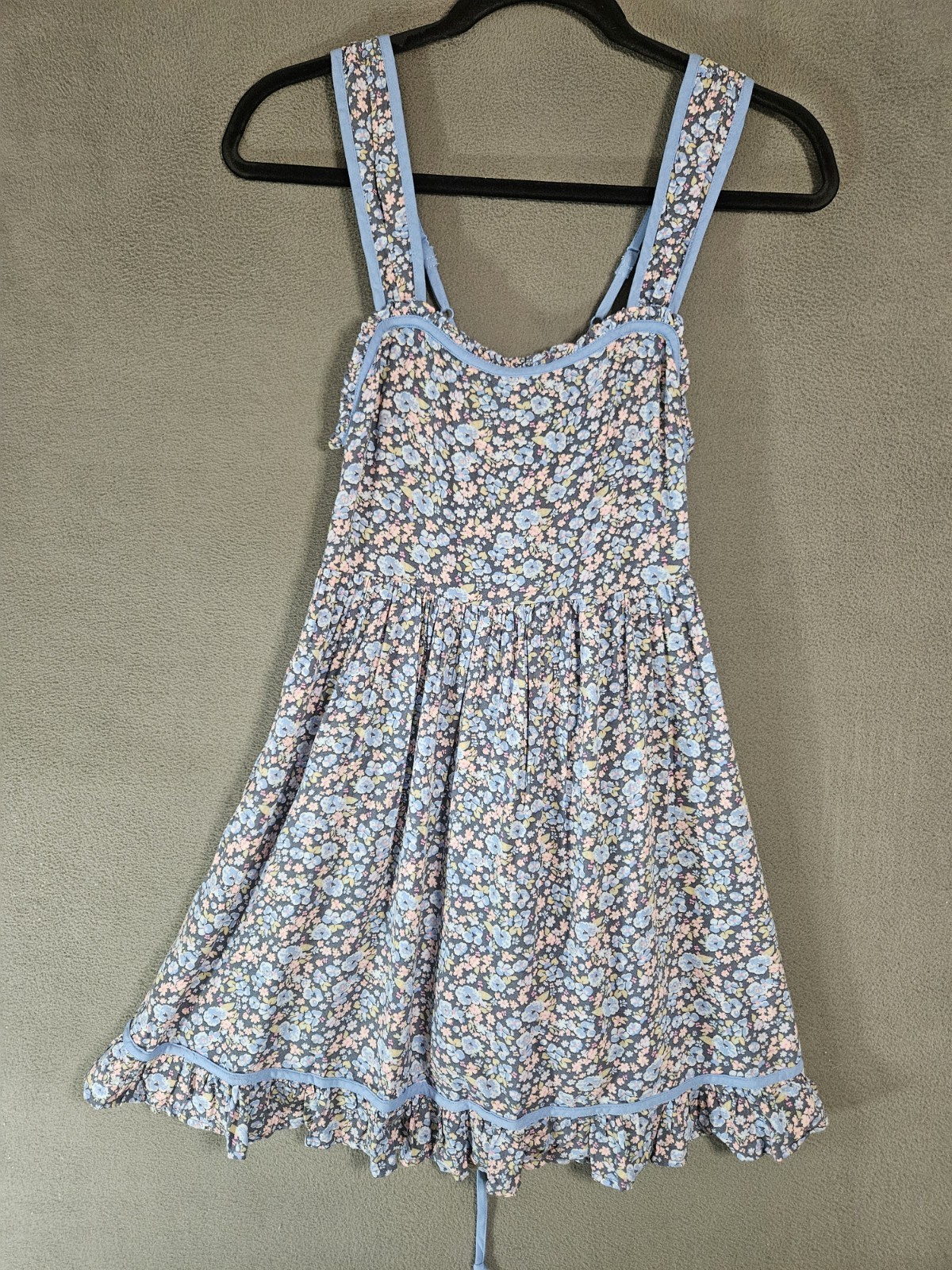 American Eagle Small Mini Dress Blue Floral Cottagecore Back Lace-Up Sweetheart
