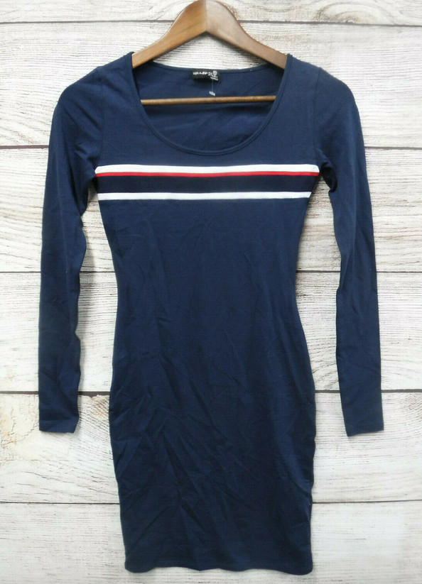 Popular 21 Dress JR Womens Size Small Blue Thin Knit Striped Bodycon Dress New