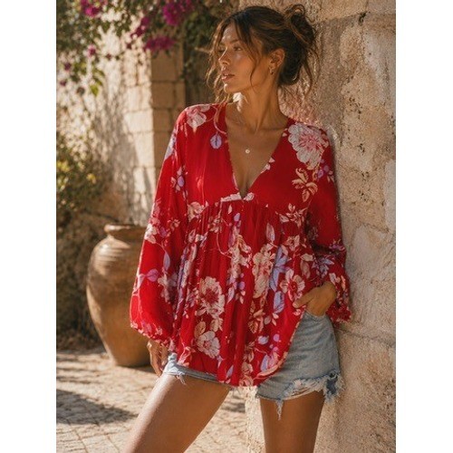 Free People Flower Power Mini Dress Tunic Red Floral V-Neck Boho Womens Medium