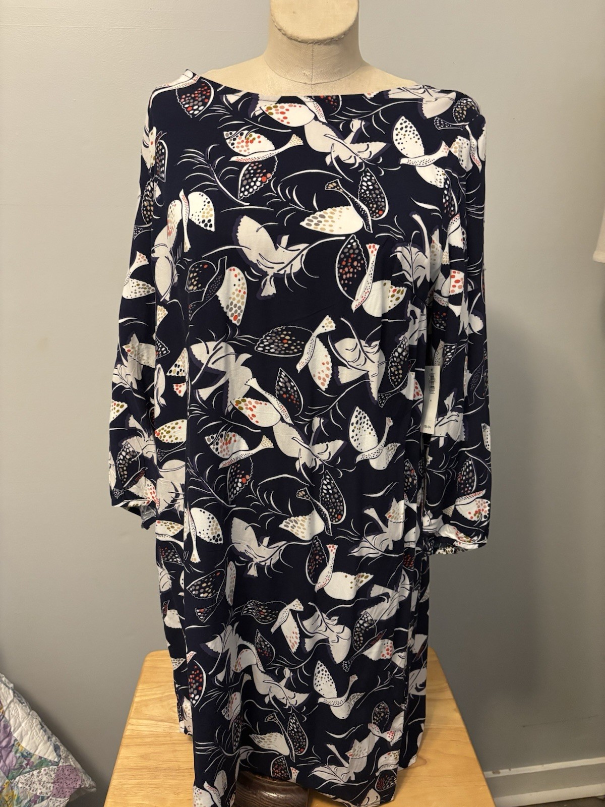 Old Navy Womens Shift Dress Blue Bird Dove Print 3/4 Sleeve Size Medium
