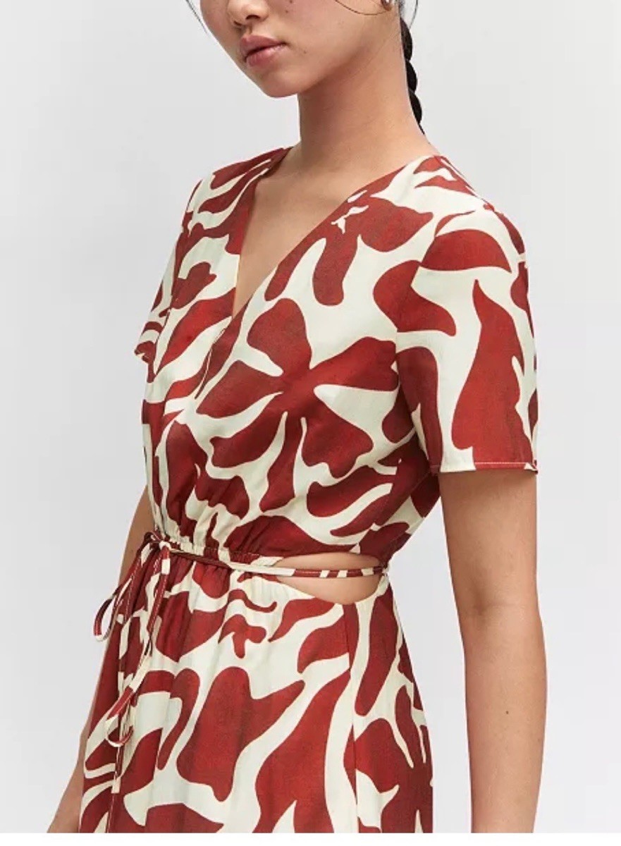 Mango Red & Cream Abstract Tie-Waist Mini Dress Size S